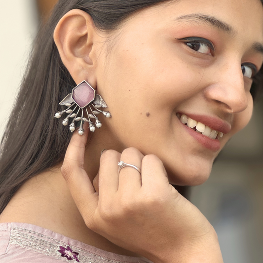 Araha Oxidised Pink Monalisa Stone Studded Earrings