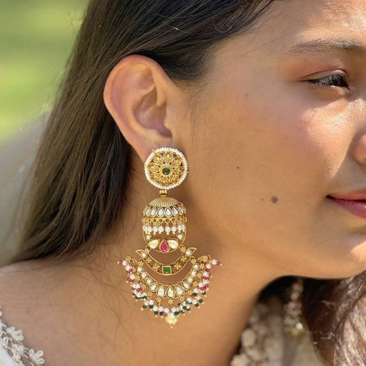 Araha Gold Toned Stone Studded Pearldrop Designer Jhumka Earrings