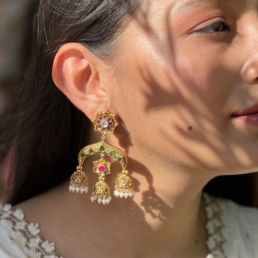 Araha Gold Toned Ruby and Emerald Stone Studded Three Jhumki Earrings
