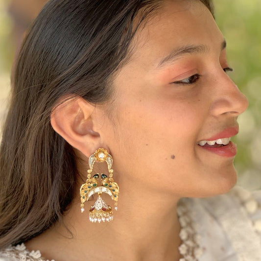 Araha Gold Toned Two Peacocks Jhumka Earrings