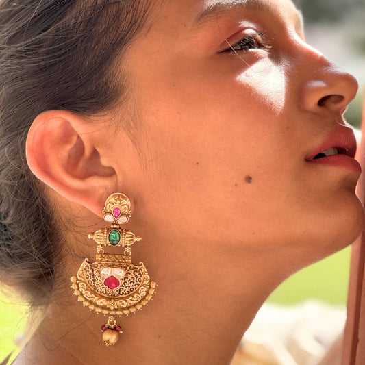 Araha Gold Toned Artistic Chandbali Earrings