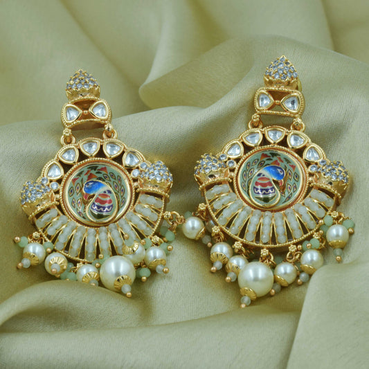 Araha Kundan Studded Peacock Pearl Drop Chandbali Earrings