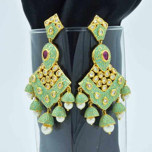 Araha Kundan Mint Green Minakari Pearl Drop Designer Earrings
